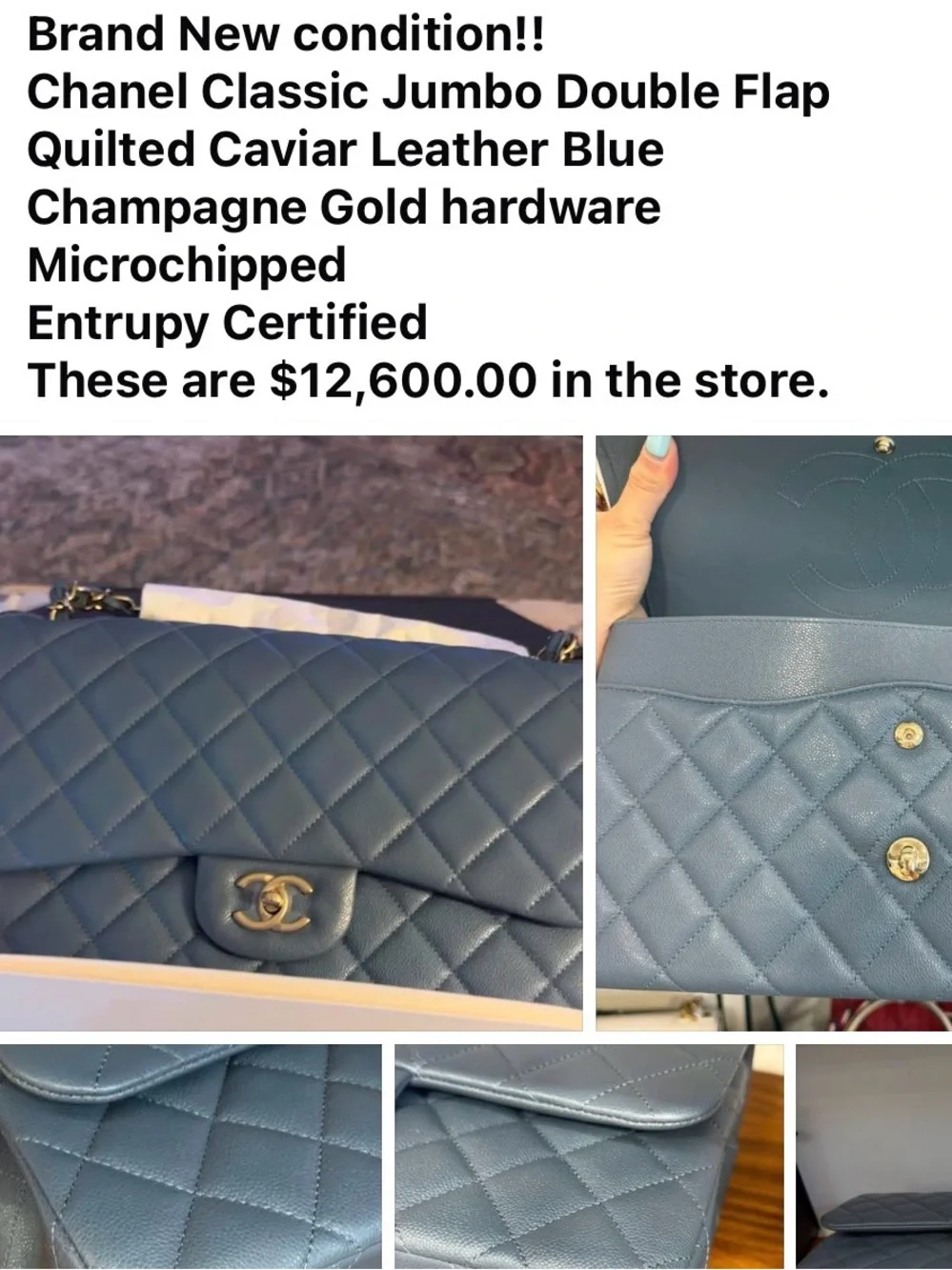 CHANEL Blue Quilted Caviar Double Flap Shoulder Bag with Gold Hardware
